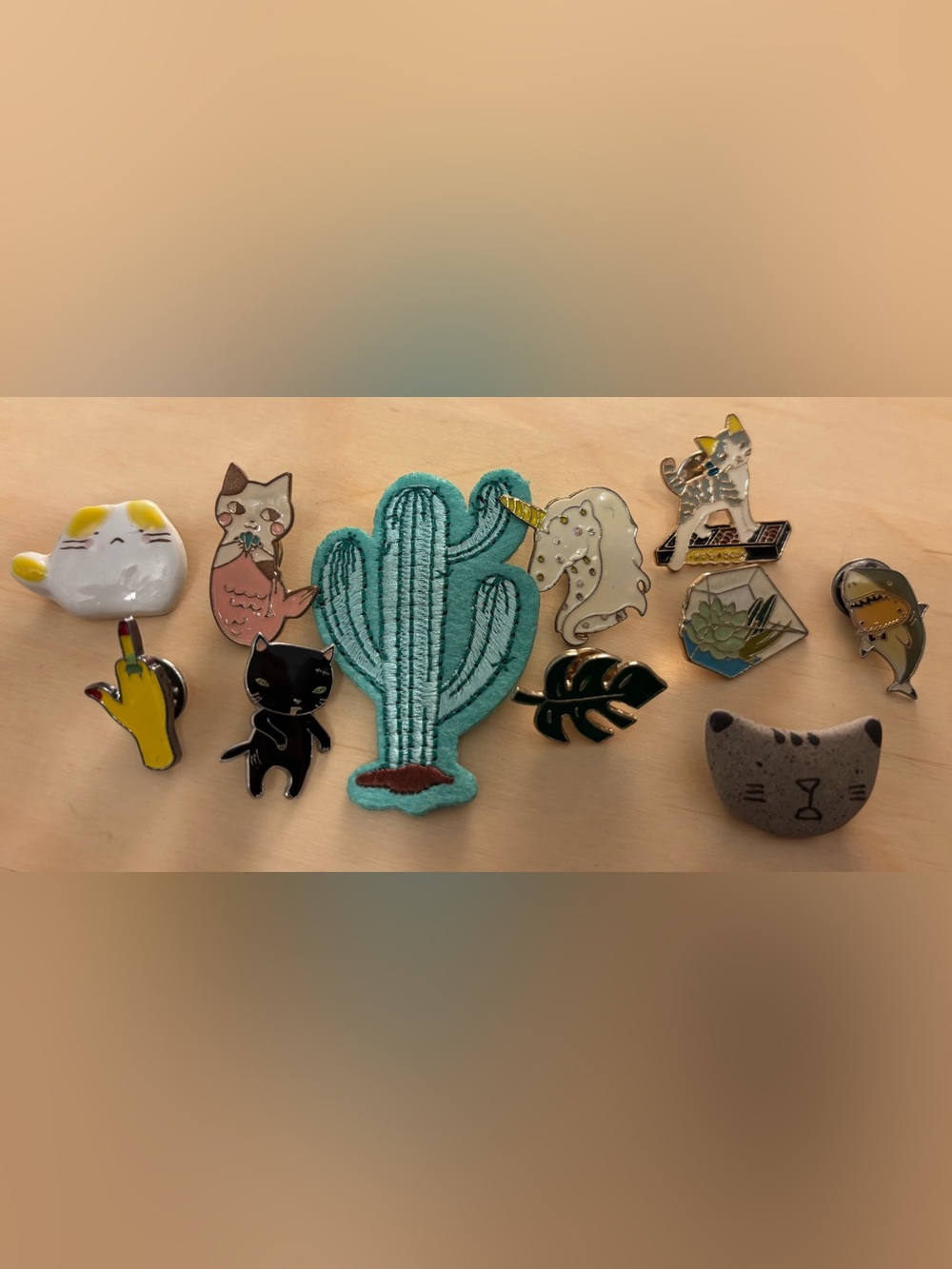 Cats and Plants Pin Set - Enamel Ceramic Fabric Handmade Crywolf